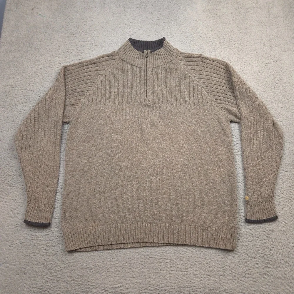 Columbia‎ Sweater Mens 2XL Brown Blue Half Zip Pullover Cotton Striped Outdoors
